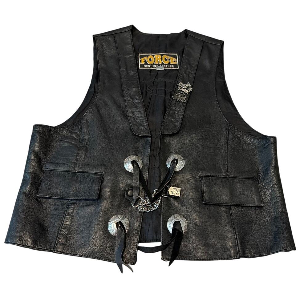 Vintage 90s Forge Black Leather Biker Vest Concho Pins Men's L Daytona